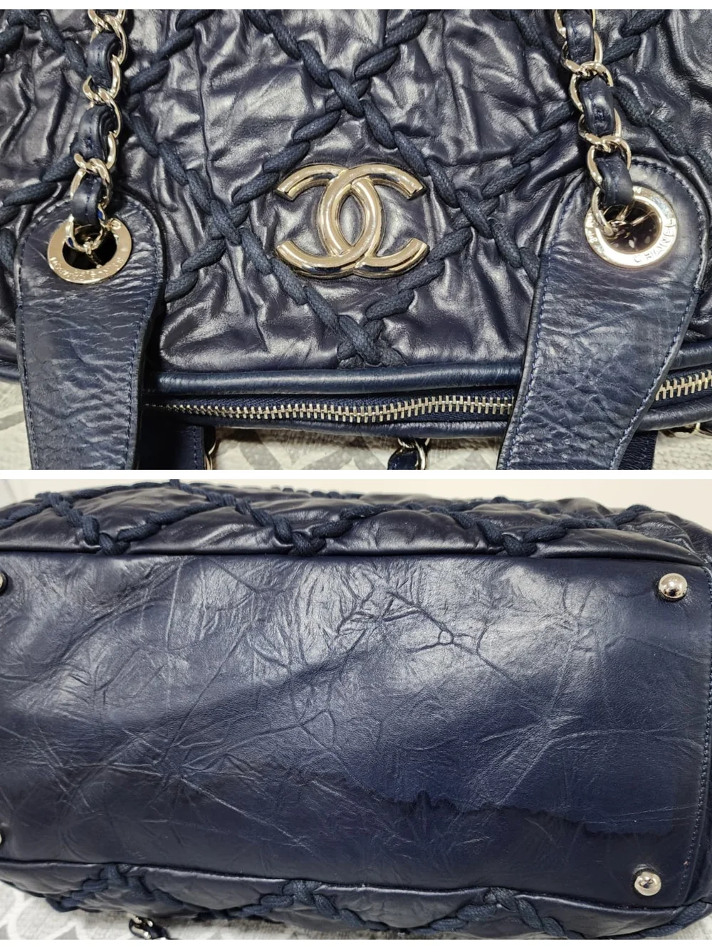 CHANEL Ultra Stitch Leather Bowling Bag Navy Blue